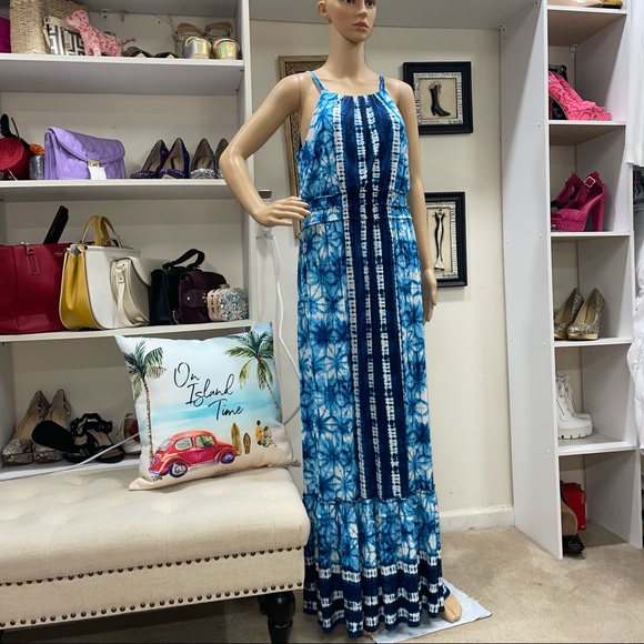Luxology NWT! Blue/White Sleeveless Tie Back Stretch Tie-Dye Maxi Dress Size 12 - Picture 1 of 13